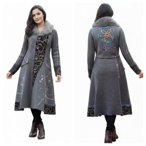 Vintage Boho Long Knit Duster Coat with Faux Fur Trim Abstract Stitching Gray  M